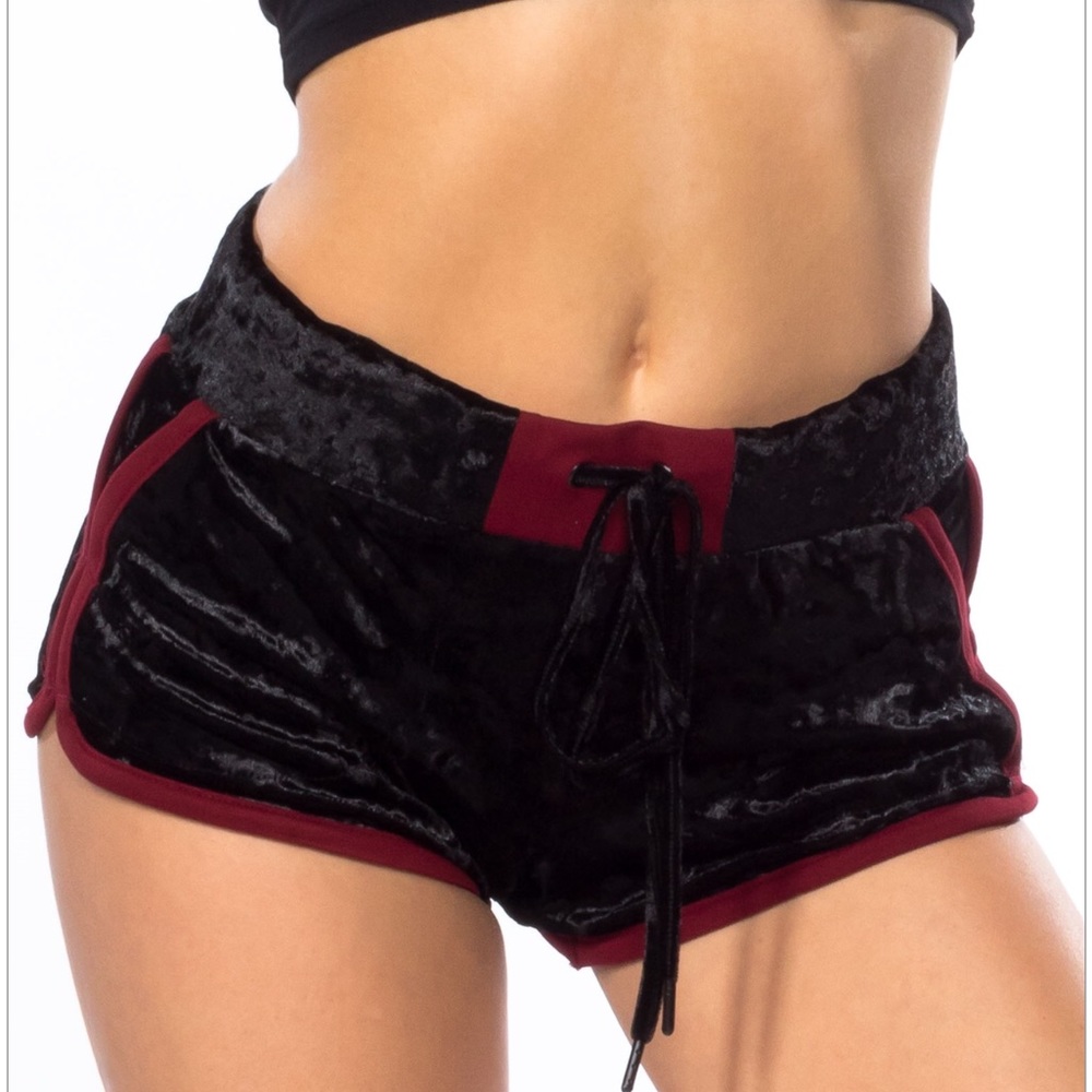 BLACK BURGUNDY CRUSHED VELVET RUNNER SHORTS NWT